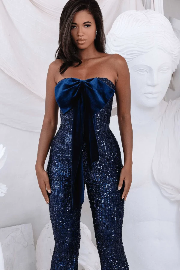 Flash Sale Lavish Alice Adira Bandeau Bow Sequin & Velvet Jumpsuit In Navy