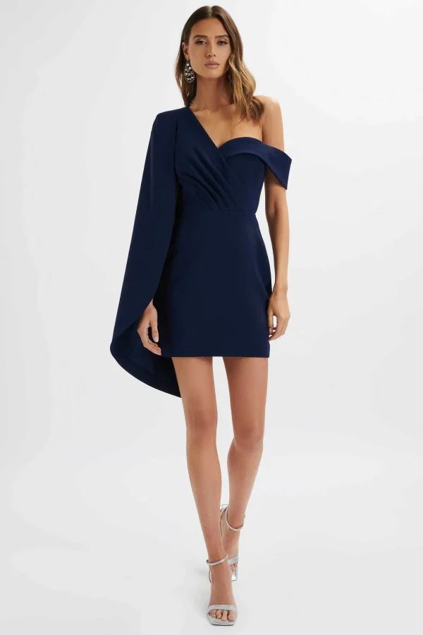 Clearance Lavish Alice Aiza Asymmetric Cape Mini Dress In Navy