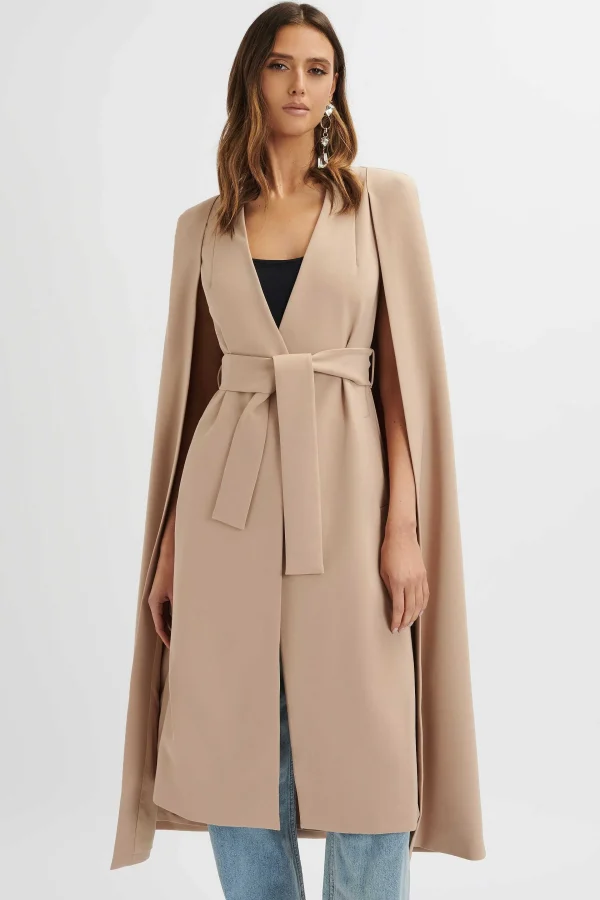 Fashion Lavish Alice Alexia Longline Belted Cape Blazer In Camel