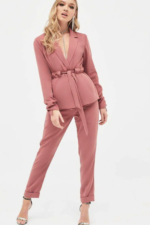 Hot Lavish Alice Allison Belted Ruche Sleeve Jacket In Dusty Rose