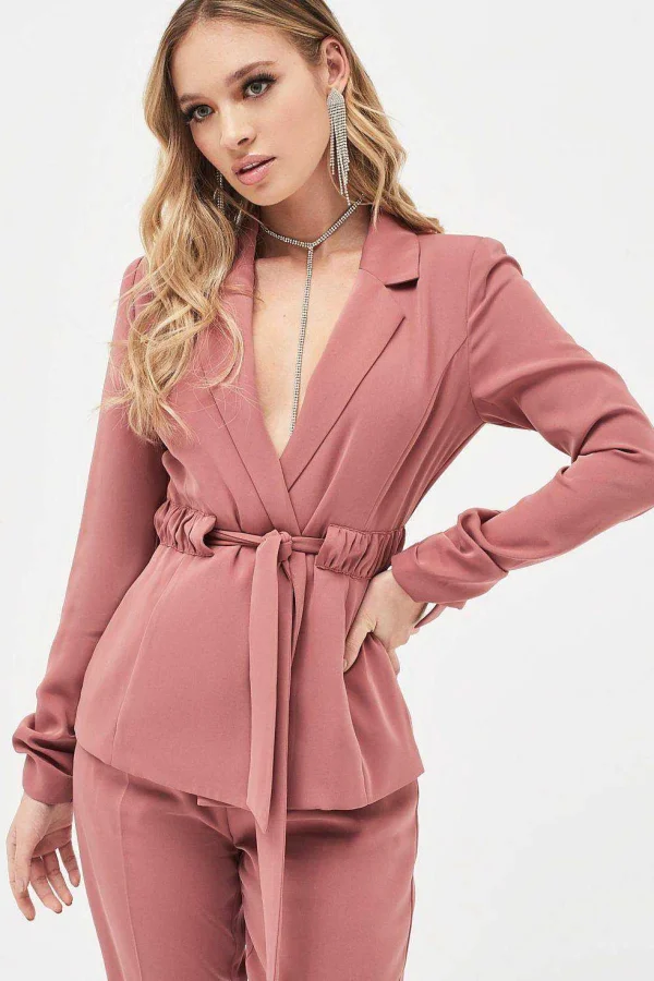 Hot Lavish Alice Allison Belted Ruche Sleeve Jacket In Dusty Rose