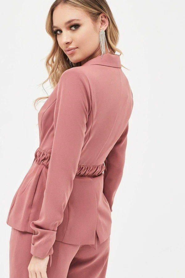 Hot Lavish Alice Allison Belted Ruche Sleeve Jacket In Dusty Rose