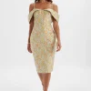 Clearance Lavish Alice Amia Bardot Sleeve Midi Dress In Floral Jacquard