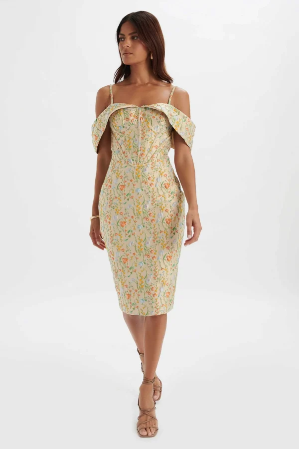 Clearance Lavish Alice Amia Bardot Sleeve Midi Dress In Floral Jacquard