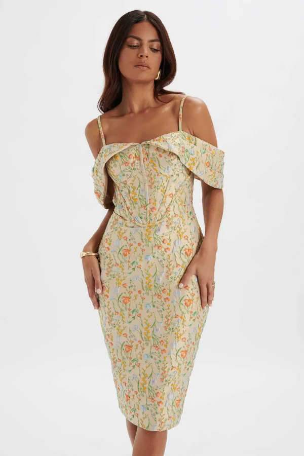 Clearance Lavish Alice Amia Bardot Sleeve Midi Dress In Floral Jacquard