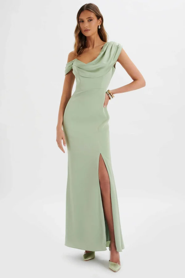 Clearance Lavish Alice Annabella Satin Asymmetric Drape Maxi Dress In Sage Green