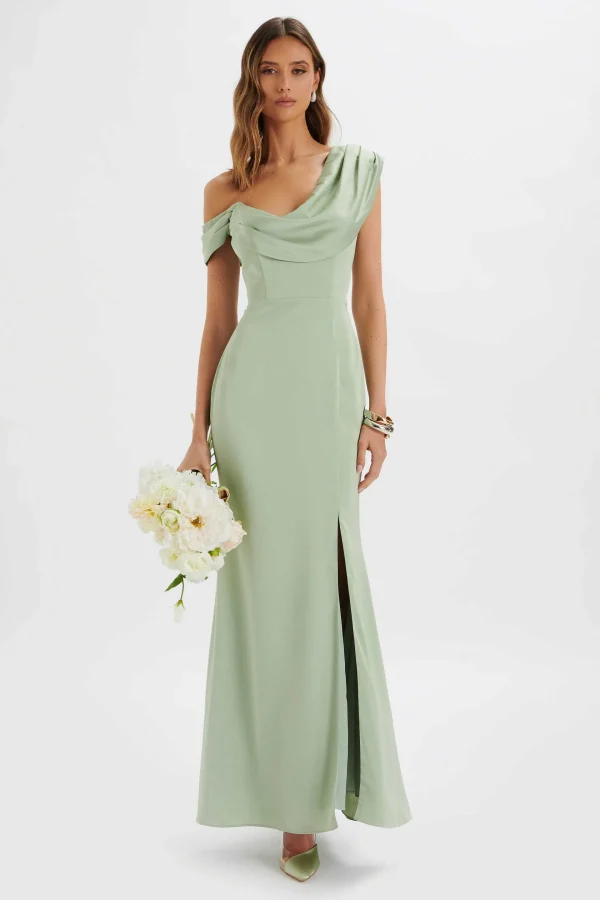 Clearance Lavish Alice Annabella Satin Asymmetric Drape Maxi Dress In Sage Green