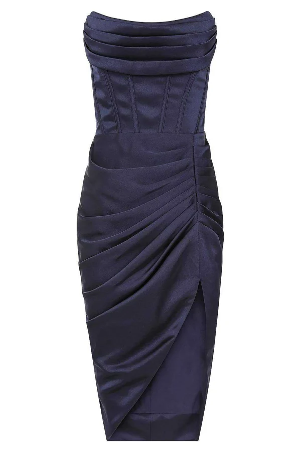 Clearance Lavish Alice Ariel Strapless Corset Draped Midi Dress In Navy