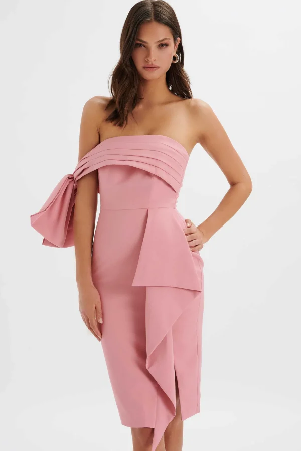 Cheap Lavish Alice Athena Off Shoulder Bow Detail Midi Dress In Powder Pink