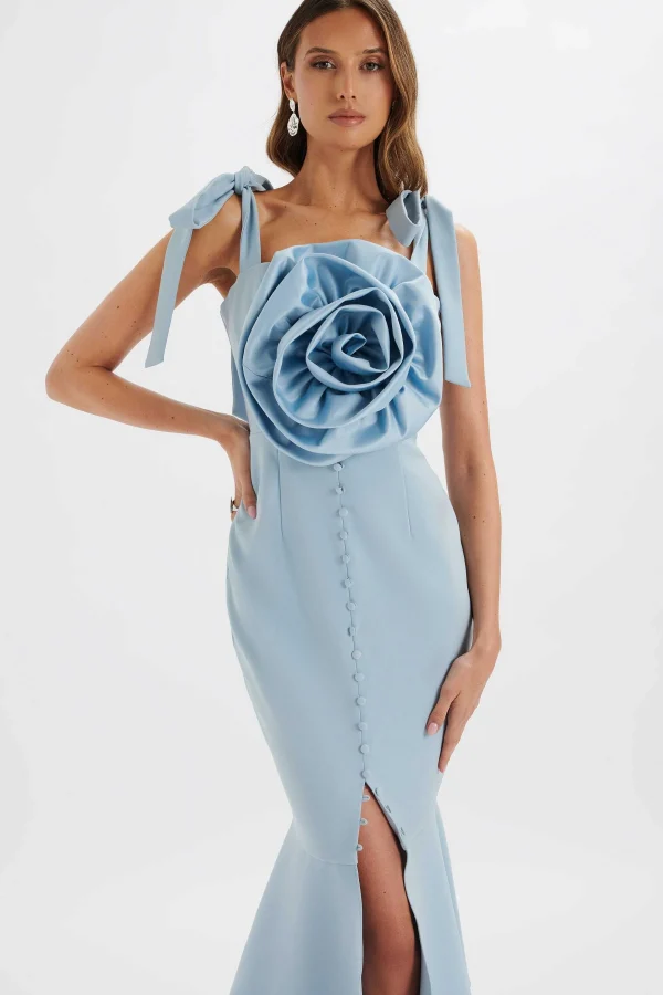 Cheap Lavish Alice August Flower Detail Tie Strap Micro Button Midi Dress In Cornflower Blue