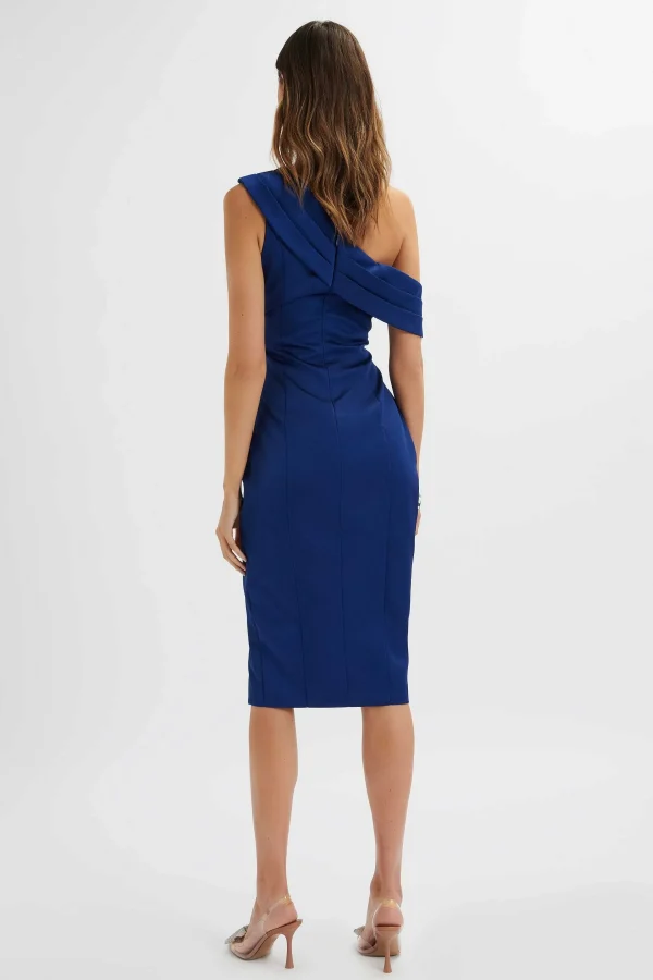 Online Lavish Alice Autumn Pleated Asymmetric Structured Satin Midi Dress In Navy