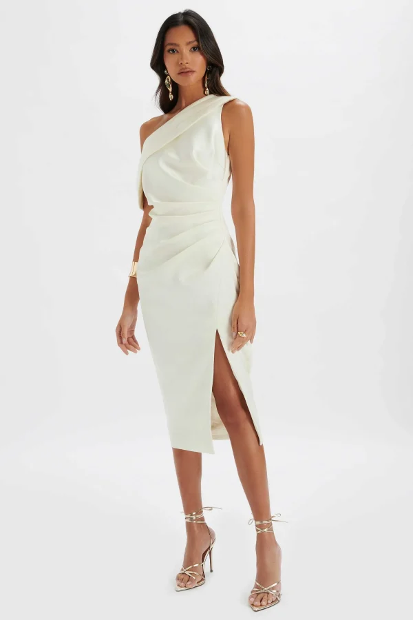 Online Lavish Alice Autumn Pleated One Shoulder Bonded Satin Midi Dress In Ivory