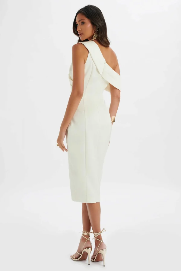 Online Lavish Alice Autumn Pleated One Shoulder Bonded Satin Midi Dress In Ivory