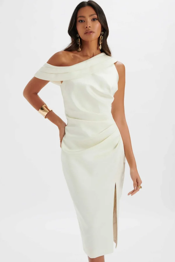 Online Lavish Alice Autumn Pleated One Shoulder Bonded Satin Midi Dress In Ivory