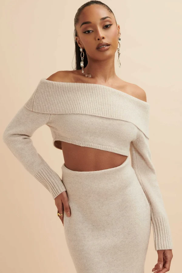 Hot Lavish Alice Avani Knitted Wool Bardot Cropped Top In Stone