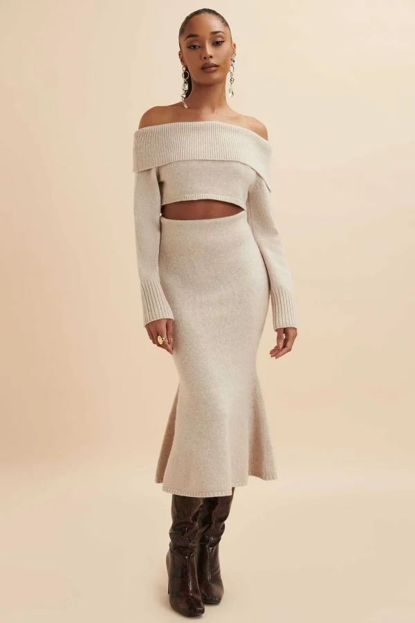 Hot Lavish Alice Avani Knitted Wool Bardot Cropped Top In Stone