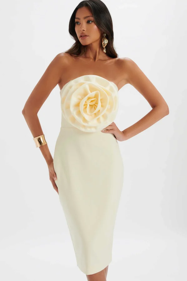 Fashion Lavish Alice Belle 3D Flower Bandeau Midi Dress In Champagne