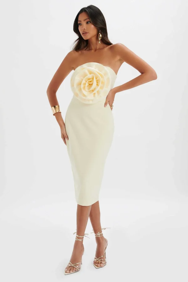 Fashion Lavish Alice Belle 3D Flower Bandeau Midi Dress In Champagne