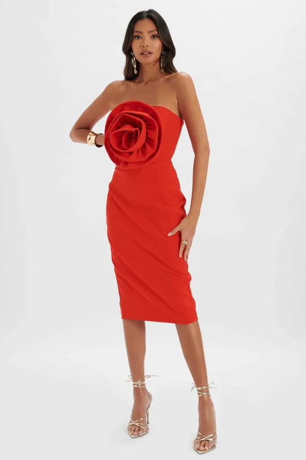 Hot Lavish Alice Belle 3D Flower Bandeau Midi Dress In Red