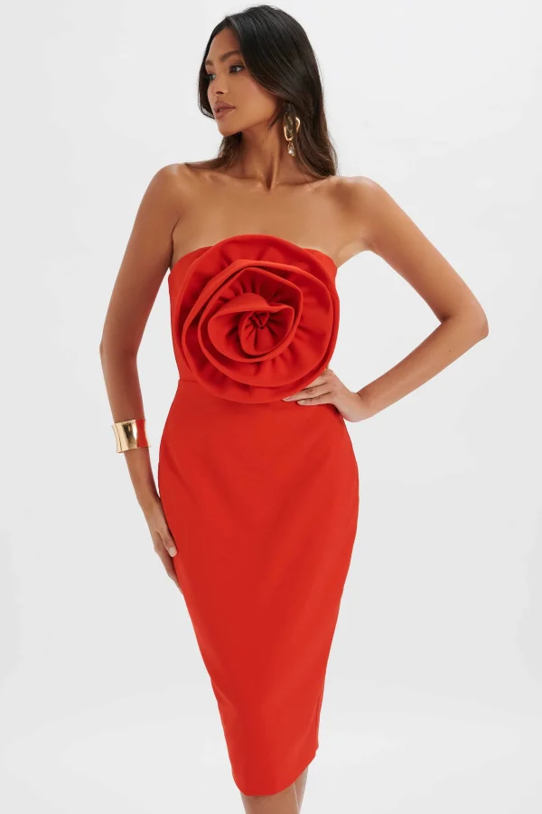 Hot Lavish Alice Belle 3D Flower Bandeau Midi Dress In Red