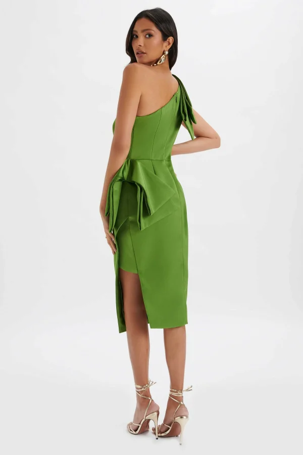 Flash Sale Lavish Alice Bloom One Shoulder Bow Detail Satin Midi Dress In Green