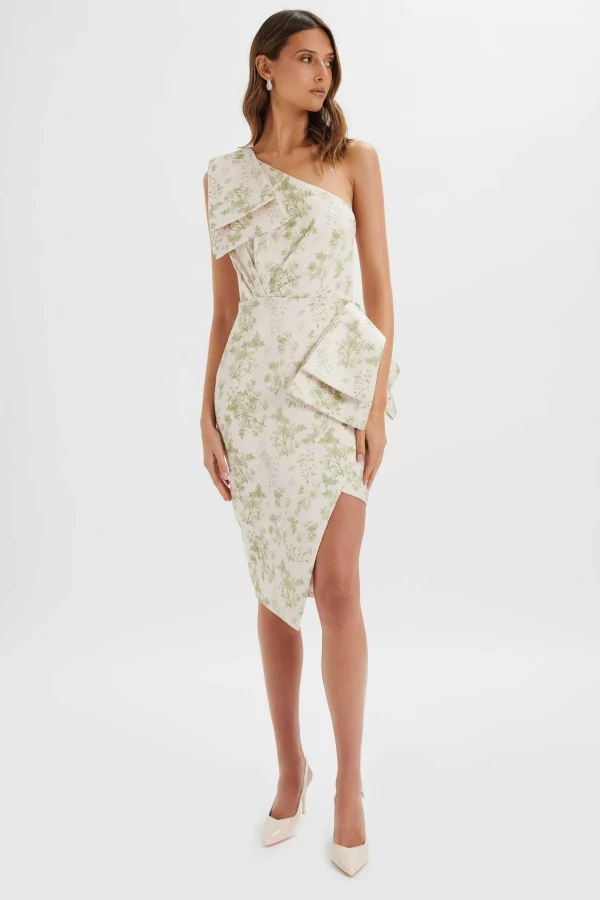 New Lavish Alice Bloom One Shoulder Bow Detail Satin Midi Dress In Green Porcelain Print