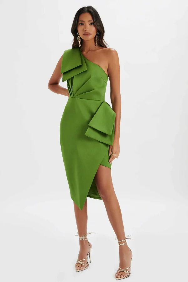 Flash Sale Lavish Alice Bloom One Shoulder Bow Detail Satin Midi Dress In Green