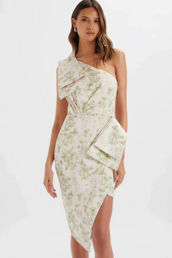 New Lavish Alice Bloom One Shoulder Bow Detail Satin Midi Dress In Green Porcelain Print