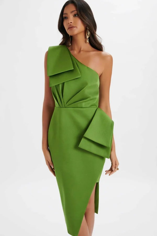 Flash Sale Lavish Alice Bloom One Shoulder Bow Detail Satin Midi Dress In Green