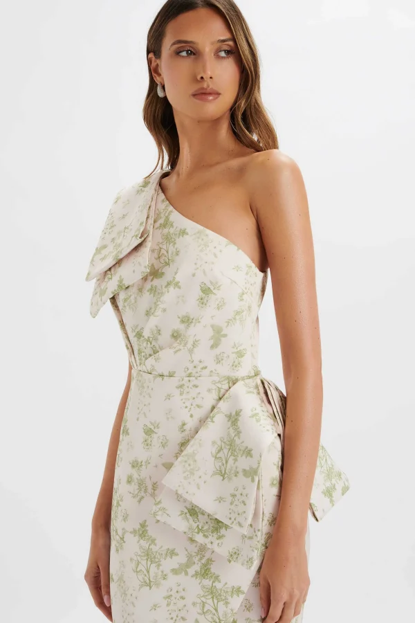 New Lavish Alice Bloom One Shoulder Bow Detail Satin Midi Dress In Green Porcelain Print