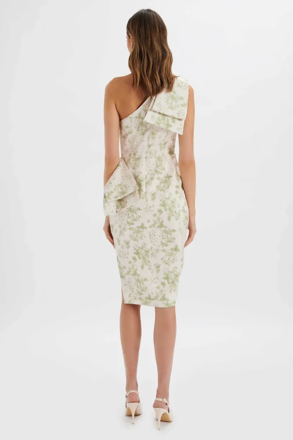 New Lavish Alice Bloom One Shoulder Bow Detail Satin Midi Dress In Green Porcelain Print