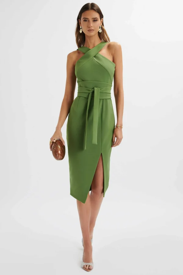 Cheap Lavish Alice Brielle Obi Belt Halterneck Midi Dress In Green