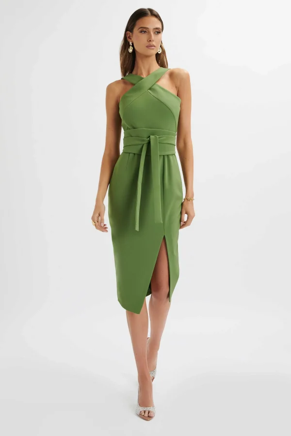 Cheap Lavish Alice Brielle Obi Belt Halterneck Midi Dress In Green