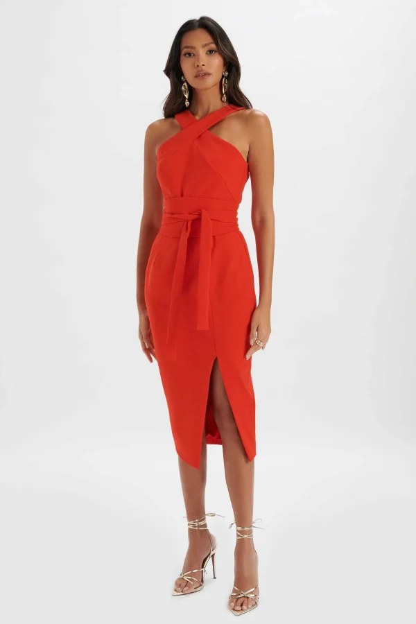 Fashion Lavish Alice Brielle Obi Belted Halterneck Midi Dress In Red