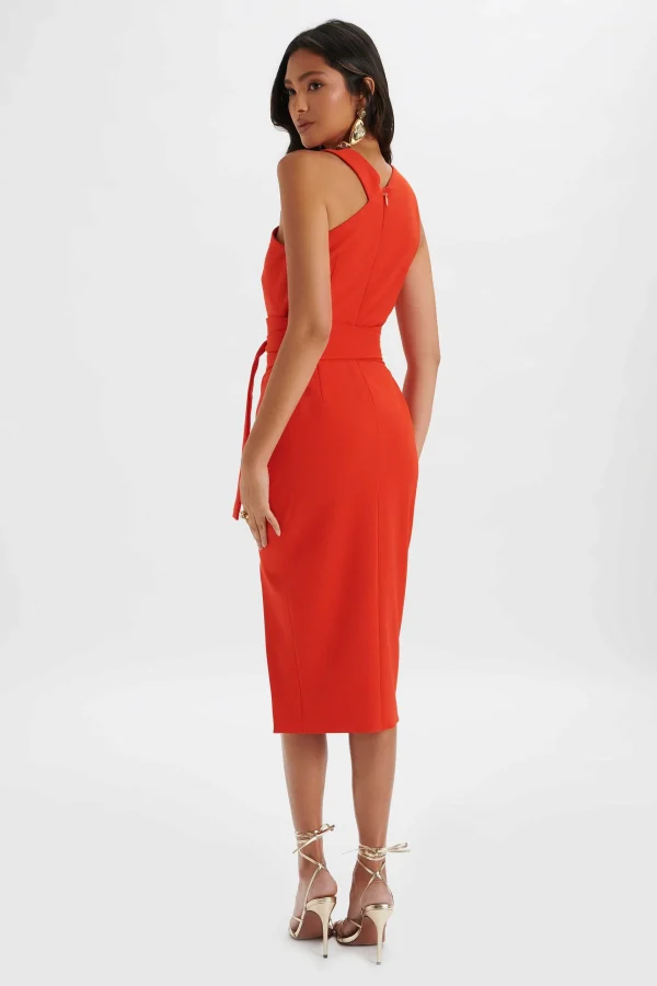 Fashion Lavish Alice Brielle Obi Belted Halterneck Midi Dress In Red