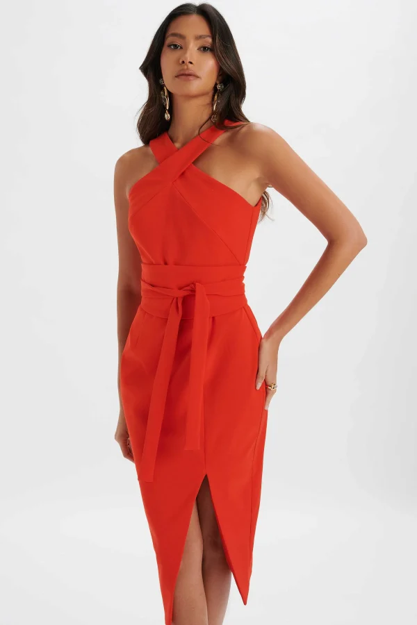 Fashion Lavish Alice Brielle Obi Belted Halterneck Midi Dress In Red