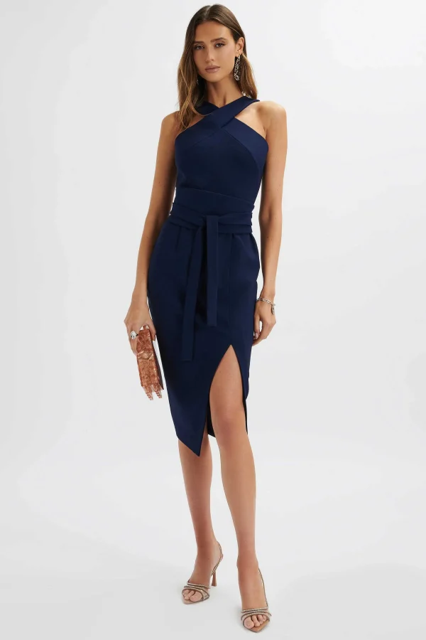 Store Lavish Alice Brielle Obi Belted Halterneck Midi Dress In Navy