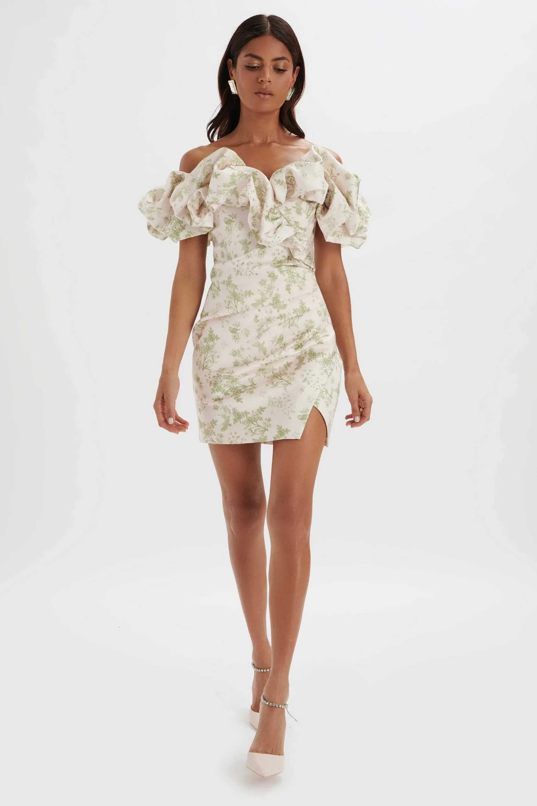 carrie_bonded_satin_bardo_1.webp Discount Lavish Alice Carrie Bonded Satin Bardot Mini Dress In Green Porcelain Print