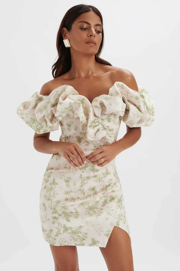 Discount Lavish Alice Carrie Bonded Satin Bardot Mini Dress In Green Porcelain Print