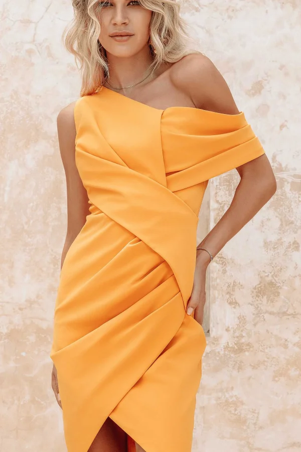 Cheap Lavish Alice Celine One Shoulder Pleat Detail Midi Dress In Orange