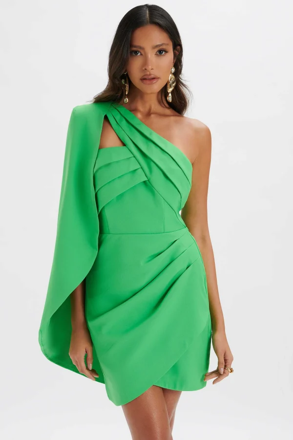 Best Sale Lavish Alice Charlotte Pleated One Shoulder Cape Mini Dress In Green