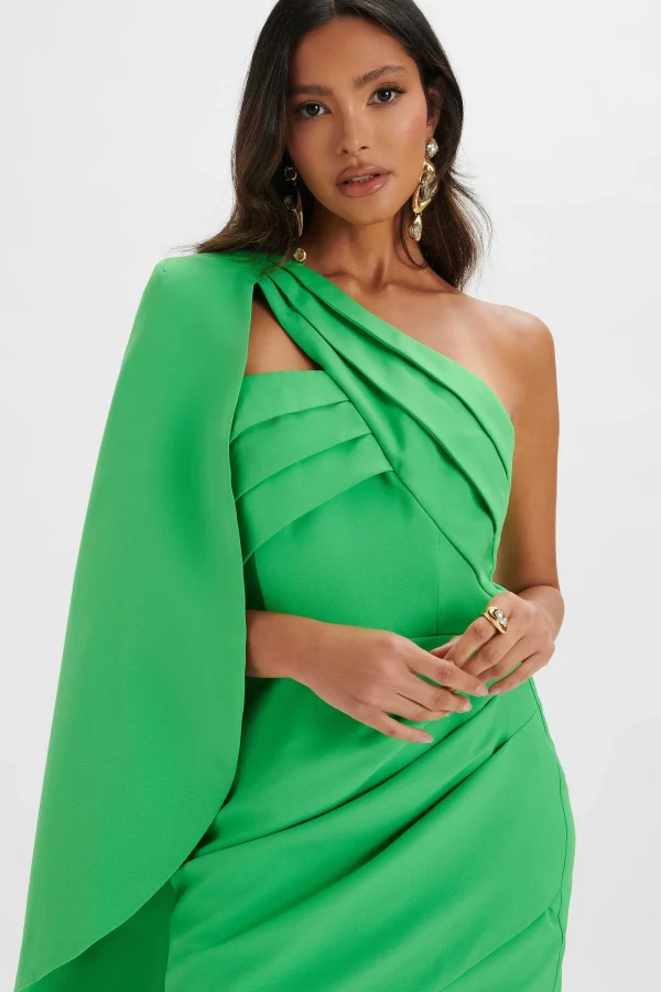 Best Sale Lavish Alice Charlotte Pleated One Shoulder Cape Mini Dress In Green