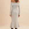 New Lavish Alice Clover Knitted Wool Bardot Midi Dress In Stone