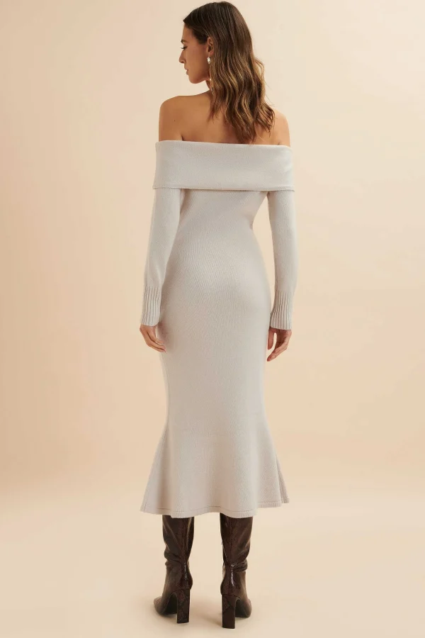 New Lavish Alice Clover Knitted Wool Bardot Midi Dress In Stone