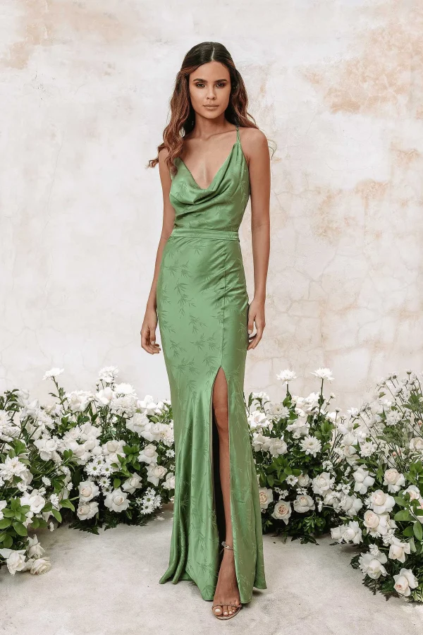 Outlet Lavish Alice Daniella Satin Jaquard Cowl Neck Maxi Dress In Green