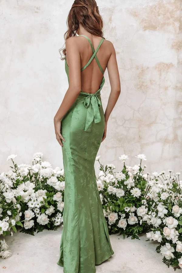 Outlet Lavish Alice Daniella Satin Jaquard Cowl Neck Maxi Dress In Green