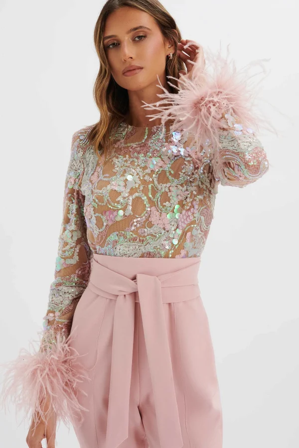 Cheap Lavish Alice Delia Embellished Feather Cuff Jumpsuit In Pink