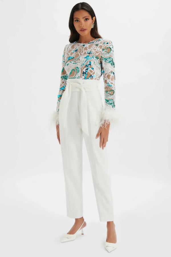 Online Lavish Alice Delia Embellished Feather Cuff Jumpsuit In White