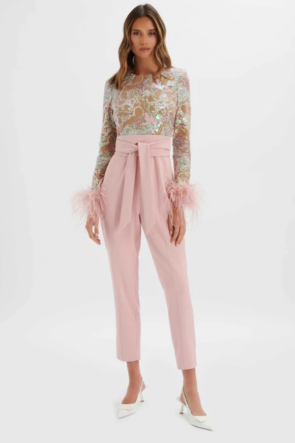 Cheap Lavish Alice Delia Embellished Feather Cuff Jumpsuit In Pink