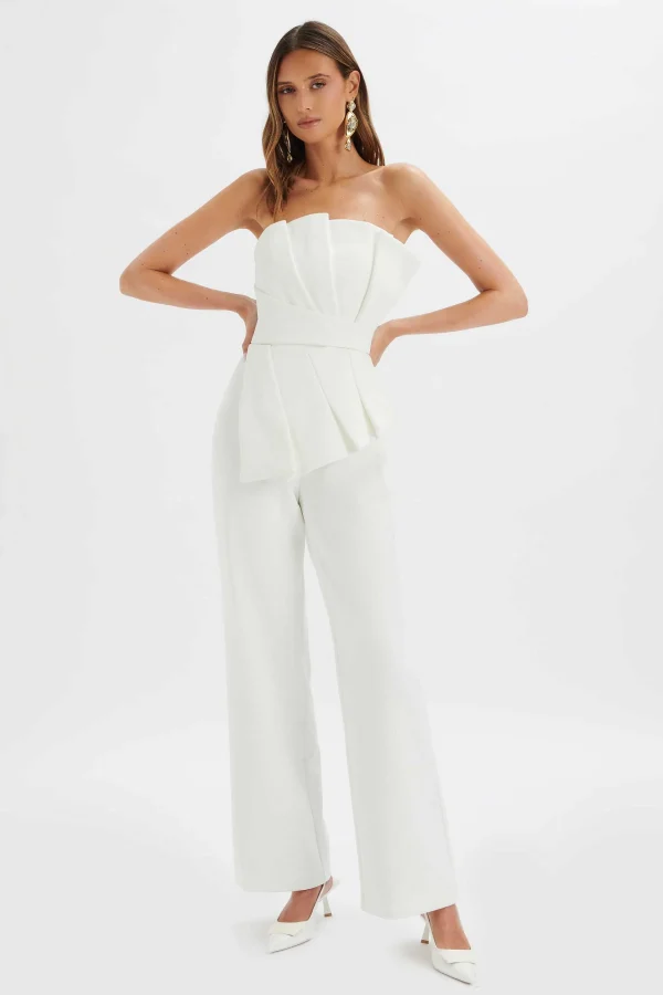 Sale Lavish Alice Elara Asymmetric Pleated Frill Straight Leg Jumpsuit In White